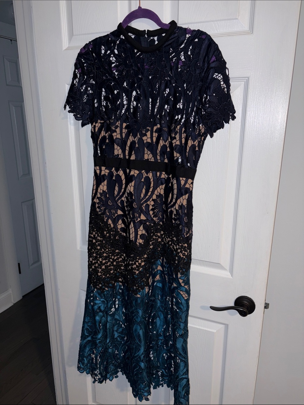 Self-Portrait Navy and Teal Lace Midi Dress